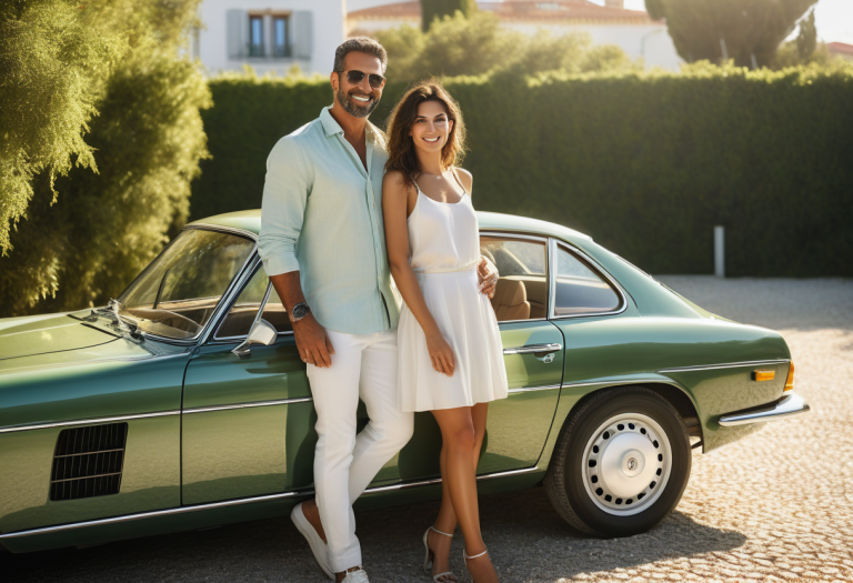 Casal feliz junto ao seu automóvel, representando a tranquilidade de um bom seguro auto