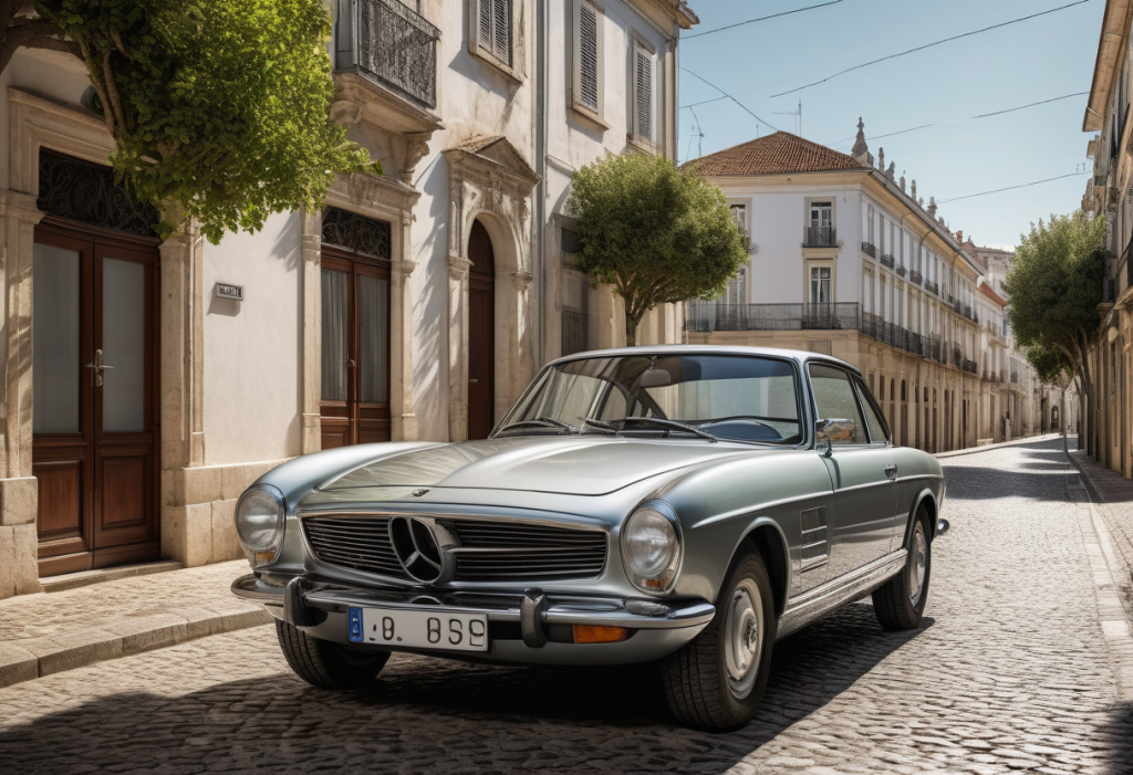 Carro elegante estacionado numa rua portuguesa com calçada