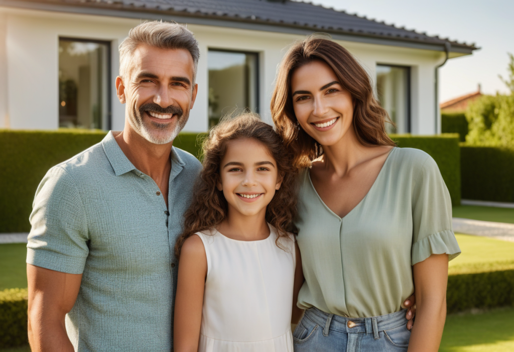 Família portuguesa feliz em frente à sua casa moderna com jardim