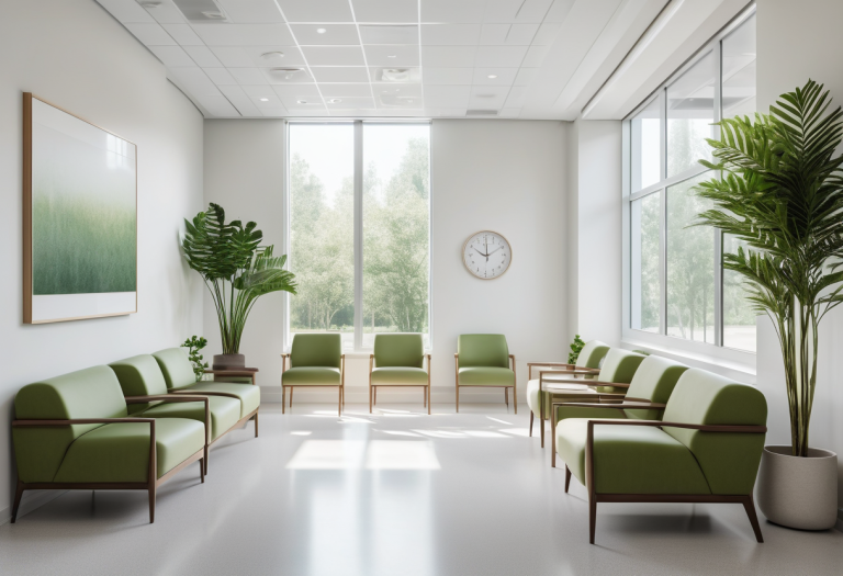 Sala de espera luminosa de uma clínica moderna com cadeiras verdes e plantas