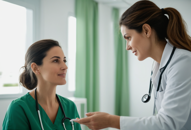Médica a falar com uma paciente numa clínica luminosa