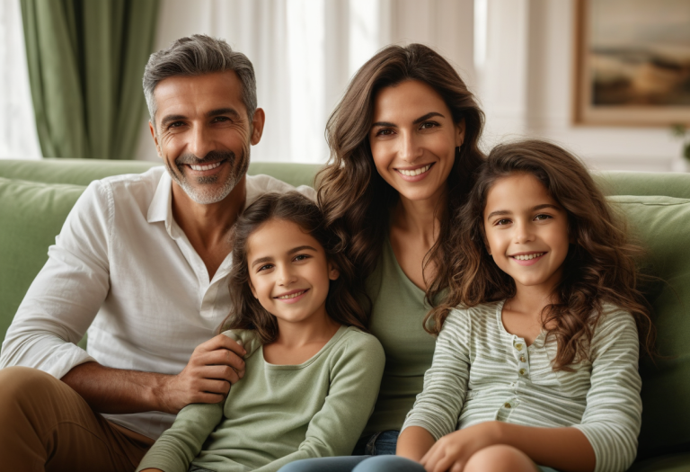 Pais portugueses com os filhos num sofá, a proteger o futuro da família