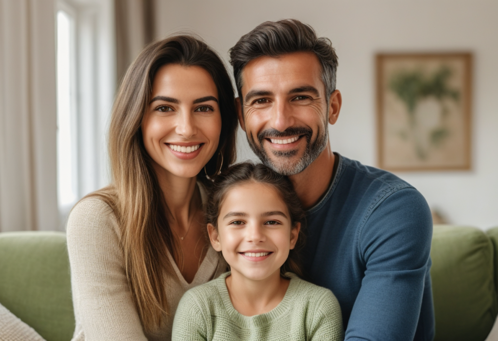 Família jovem portuguesa feliz em casa, protegida por um seguro de vida